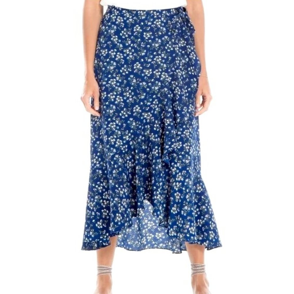 Blue Floral Print Ruffle High-Low Maxi Skirt